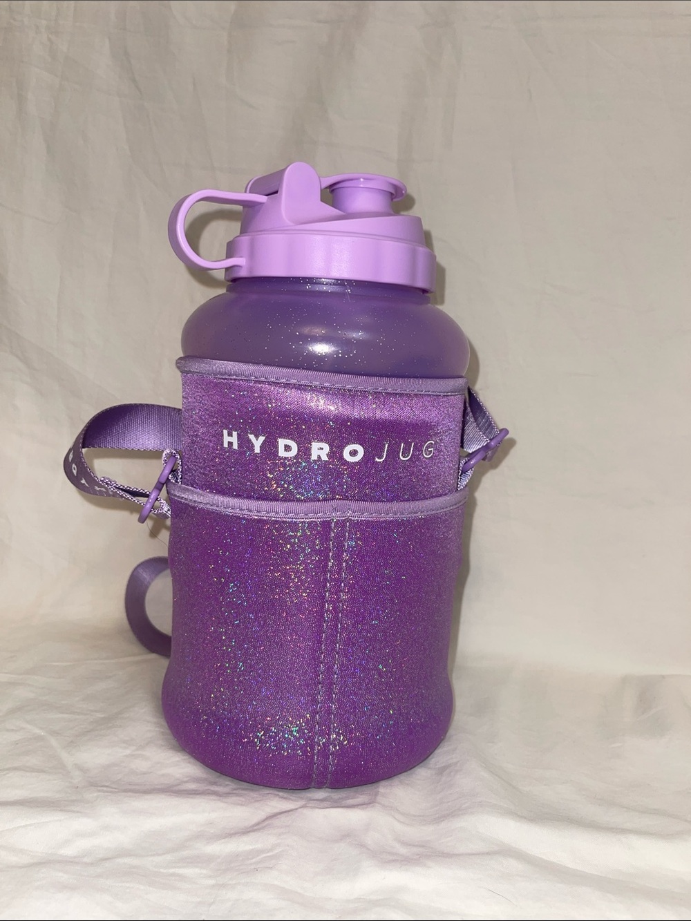 HydroJug Purple Glitter Bottle with purple metallic sleeve